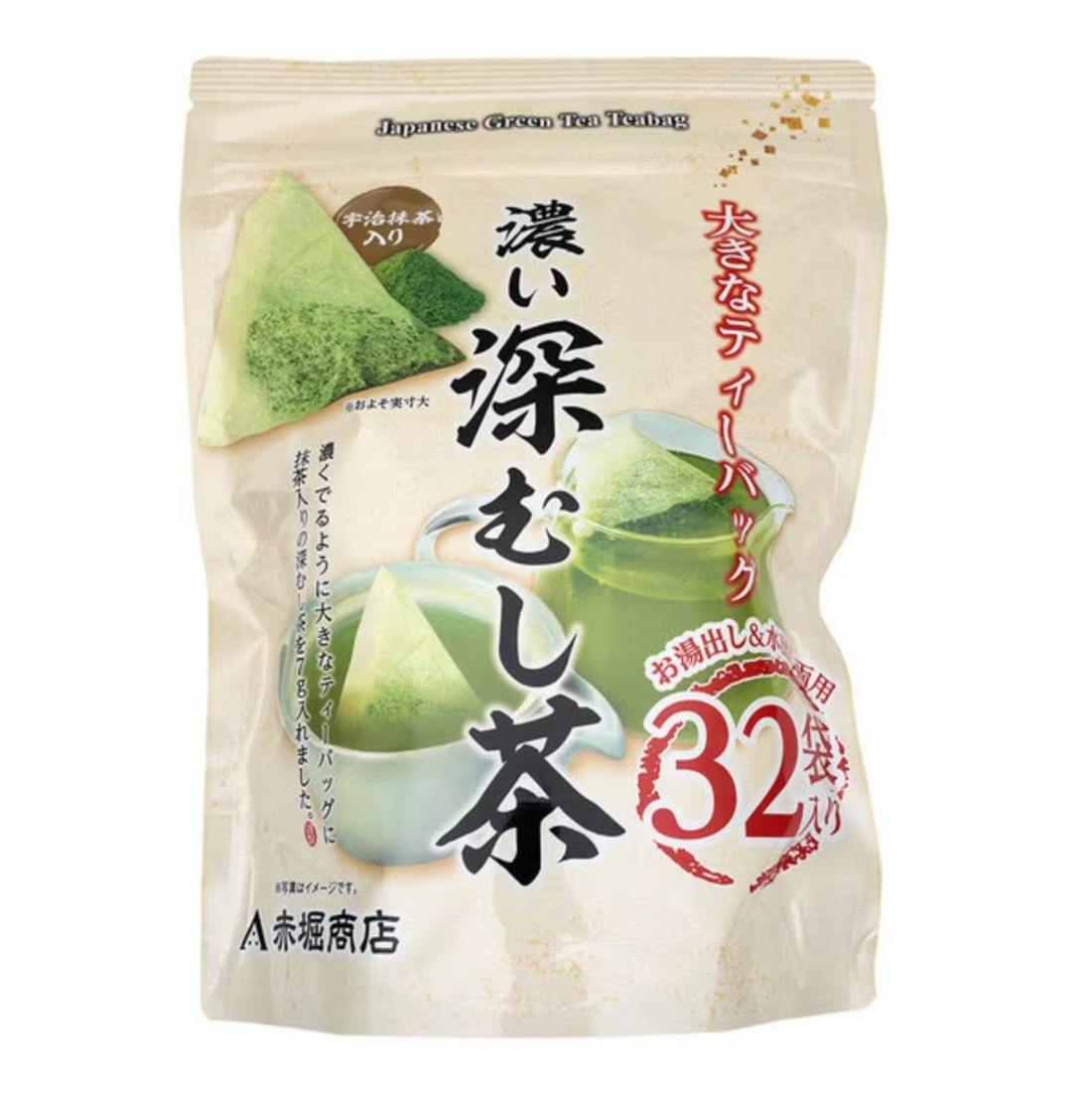 Akahori Shoten large tea bags, strong deep rice tea with Uji matcha, 7g x 32 bags