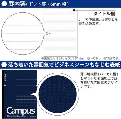 Kokuyo Notebook, Campus Notebook, Adult Campus, Doted, B Ruled, A5, 50 Sheets, No-105BT-DB, Navy Blue, Body Size: W5.8 x H8.3 x D.2 inches (148 x 210 x 6 mm), 4.5 oz (129 g) - NihonMura