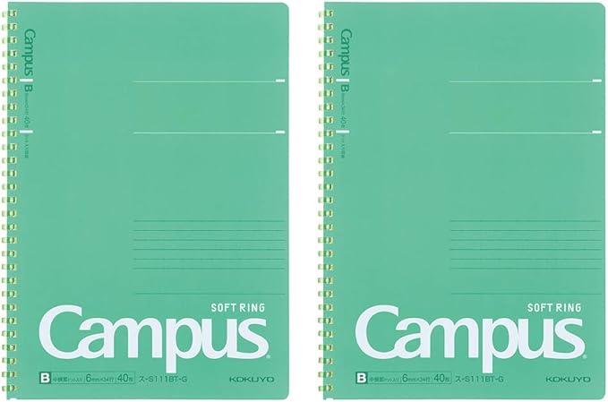 Kokuyo SU-S111BT-GX2SET Campus Soft Ring Notebook, 40 Sheets, Ruled with Dots, B5, Green, Set of 2 - NihonMura