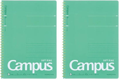 Kokuyo SU-S111BT-GX2SET Campus Soft Ring Notebook, 40 Sheets, Ruled with Dots, B5, Green, Set of 2 - NihonMura