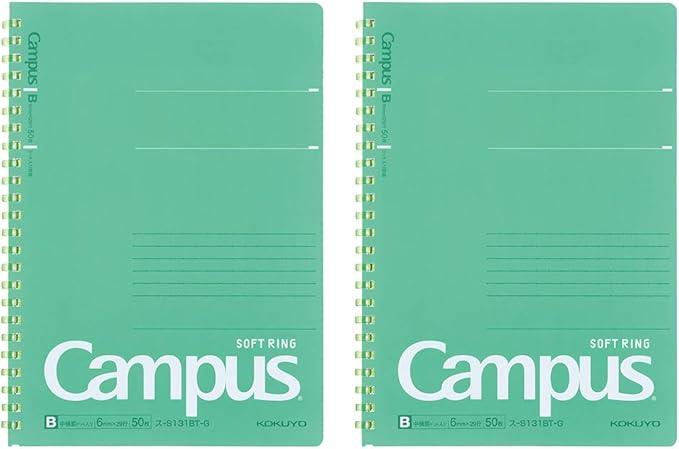 Kokuyo SU-S131BT-GX2SET Campus Soft Ring Notebook, 50 Sheets, Ruled with Dots, A5, Green, Set of 2 - NihonMura